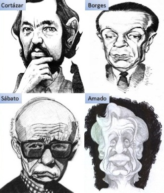 Caricaturas de escritores: Cortázar, Borges, Sábato y Amado